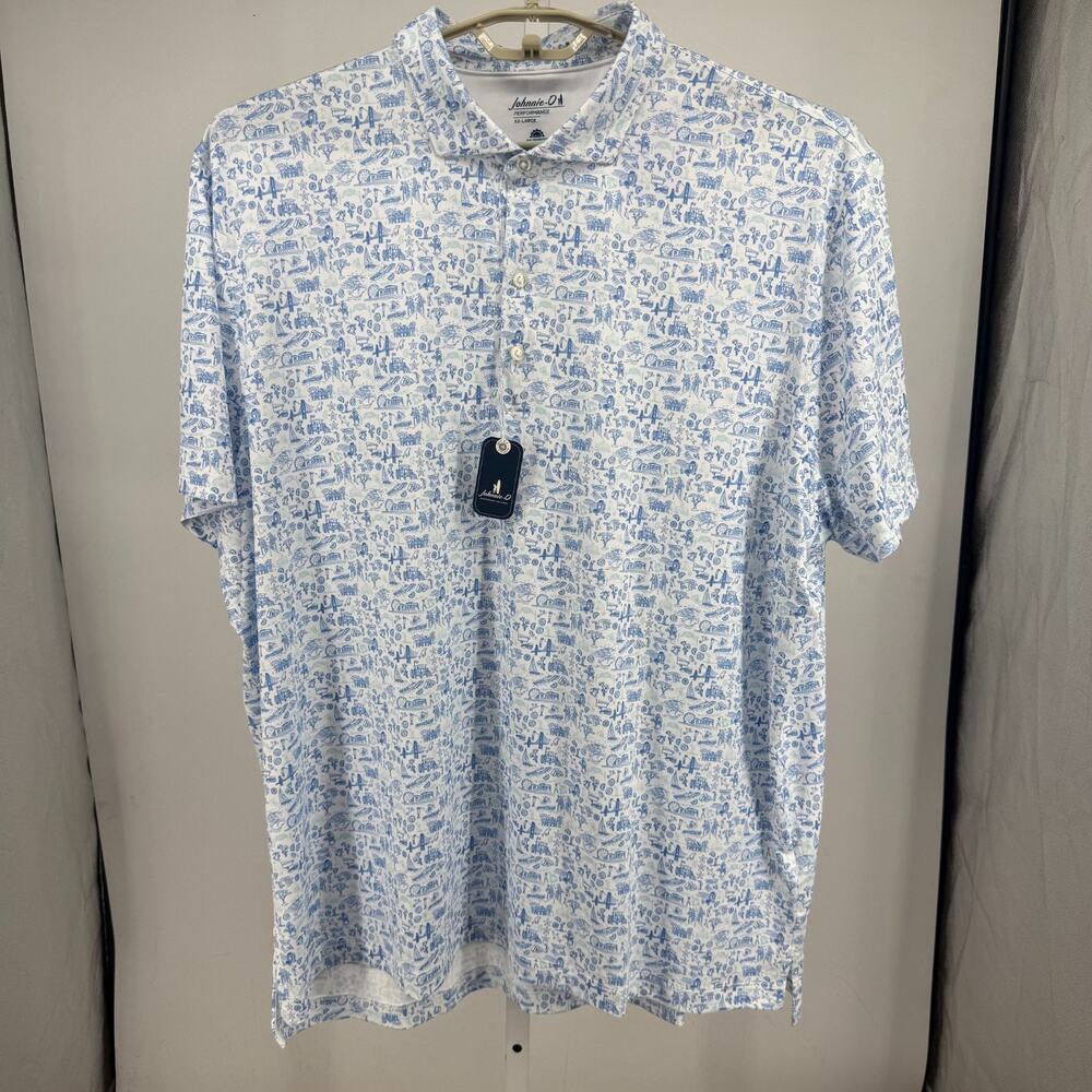 johnnie-O 20 Years of Jo Performance Polo Shirt Mens 2XL Palisades Blue Printed